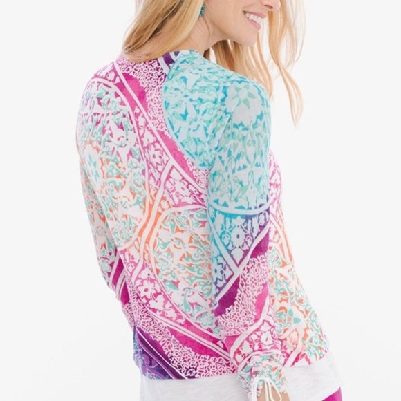 Chicos Medallion Ruched-Sleeve Cardigan with Bonus Scarf 1P - Picture 2 of 14